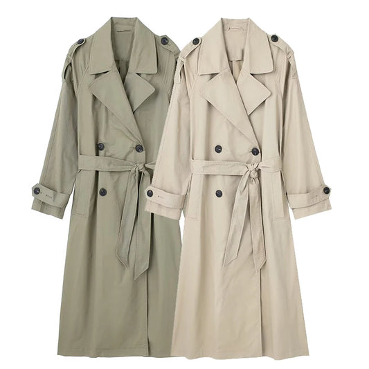 Willshela Women Fashion With Belt Solid Double Breasted Trench Vintage Lapel Neck Long Sleeves Female Chic Lady Outfits