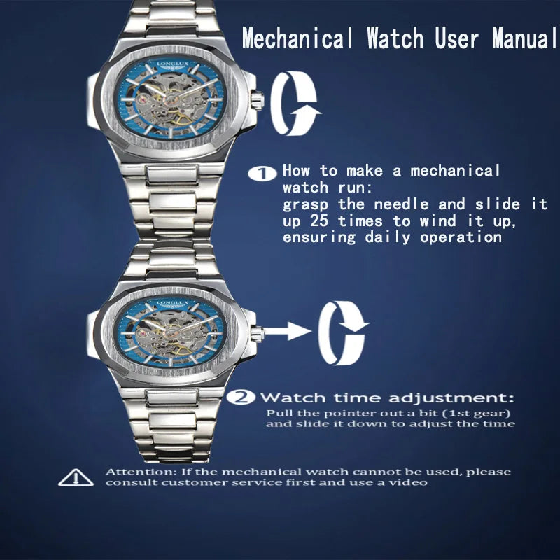 LONGLUX automatic man watch  luxury wholesale mechanical wristwatches stainless steel skeleton waterproof  mens watch men gift