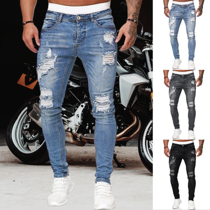 Retro Grey Stretch Slim Ripped Denim Pant Men's Fashion Streetwear Elastic Long Trousers Vintage Casual Denim Pencil Pants