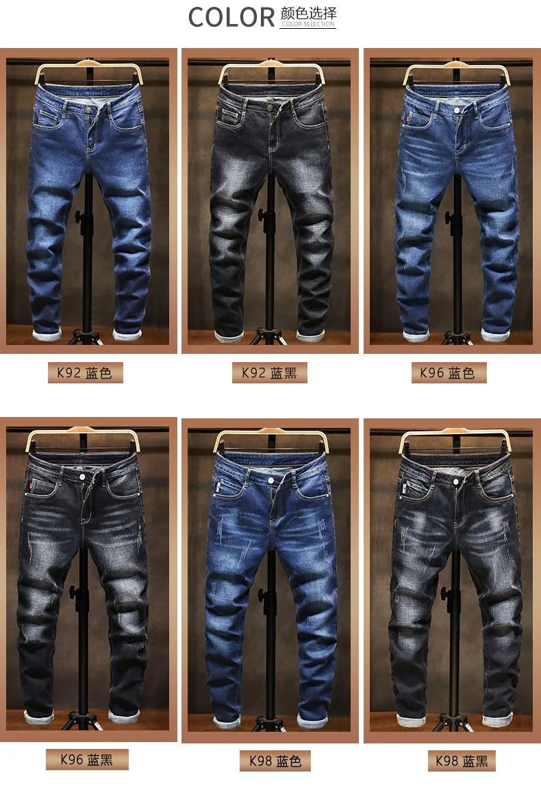 2023 Spring and Autumn New Classic Fashion Solid Color Elastic Small Foot Pants Men's Casual Slim Comfortable High-Quality Jeans