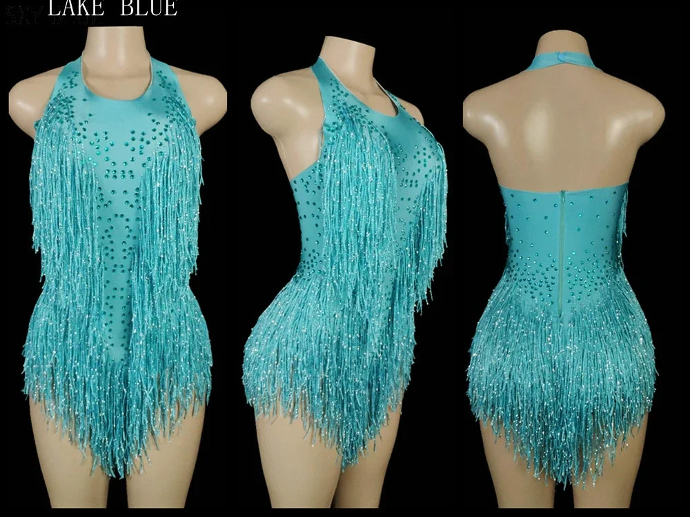 Sparkly Crystals Fringes Bodysuit Sexy Tassel Leotard Jazz Dance Costume One-piece Stage Wear Dancer Performance Show Clothing