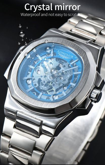 LONGLUX automatic man watch  luxury wholesale mechanical wristwatches stainless steel skeleton waterproof  mens watch men gift