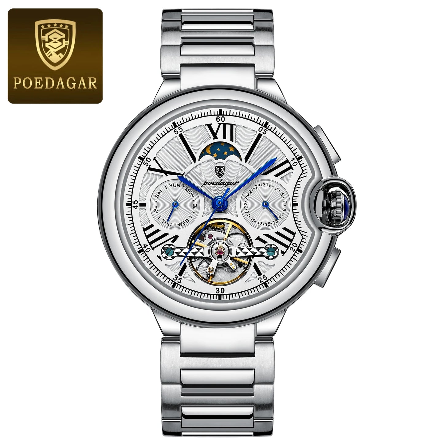 POEDAGAR Luxury Man Watch Hollow Tourbillon Automatic Mechanical Men Watch Waterproof Date Week Stainless Steel Men's Watches