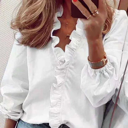 2025 Vintage Ruffles Women Blouses Autumn Long Sleeve Office Lady Elegant Tops Cotton Casual Tops V-neck Shirt Clothing