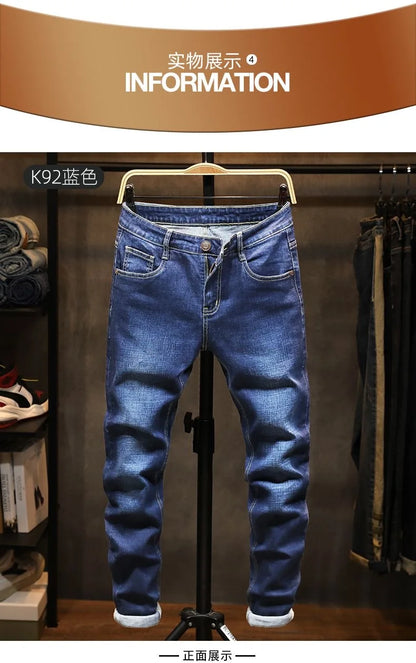 2023 Spring and Autumn New Classic Fashion Solid Color Elastic Small Foot Pants Men's Casual Slim Comfortable High-Quality Jeans