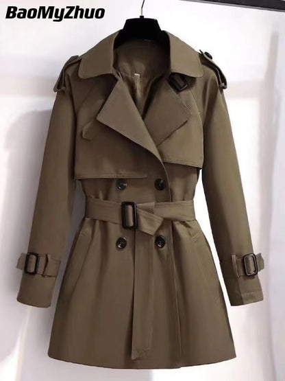 2025 Autumn Winter Elegant Women Double Breasted Solid Trench Coat 100% Cotton Vintage Turn-Down Collar Loose Trench with Belt