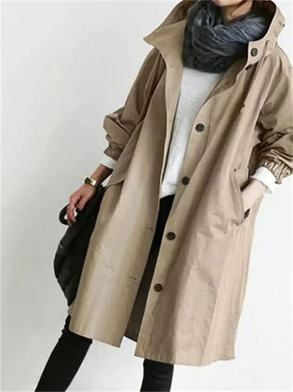 2025 Spring Autumn Casual Korean Fashion Hooded Medium Long Overcoat Loose Windproof Coat Women Trench Coat Solid Color Pocket