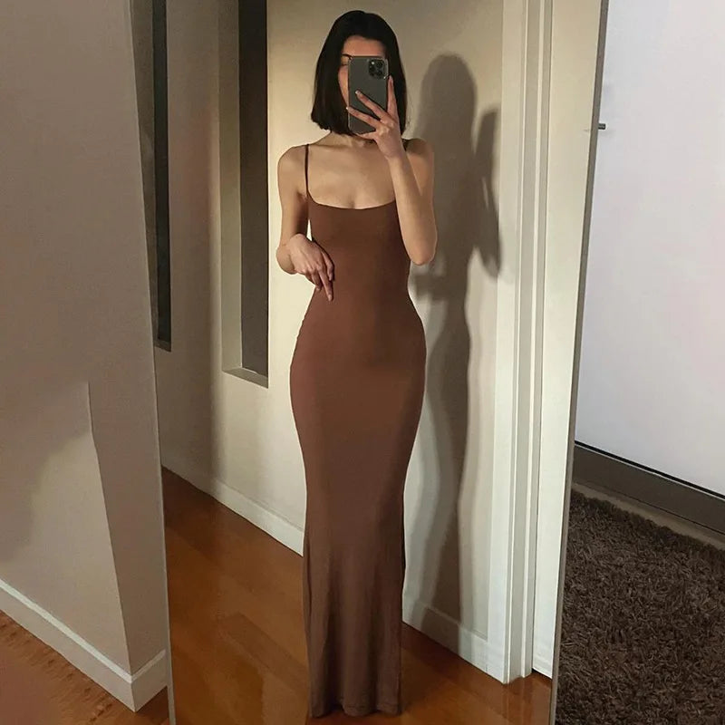 Y2K Sexy Maxi Dress for Women 2024 Autumn Backless Slim Party Dress Pullover Concise платье Female Long Bodycon Brown Vestidos