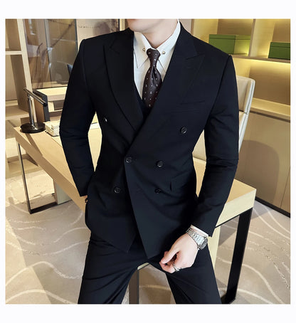 British Style Double Breasted Design Men's Suit Formal Business Slim Fit Casual Suits Sets Men Wedding Party Tuxedo 3 Pieces Set