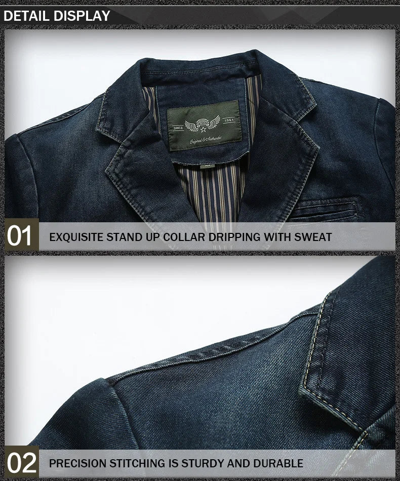 Men's New Blue Denim Suit Jacket with Loose Long Sleeved Design V-neck Casual Coats Black Gray Blazers M-XXXXL