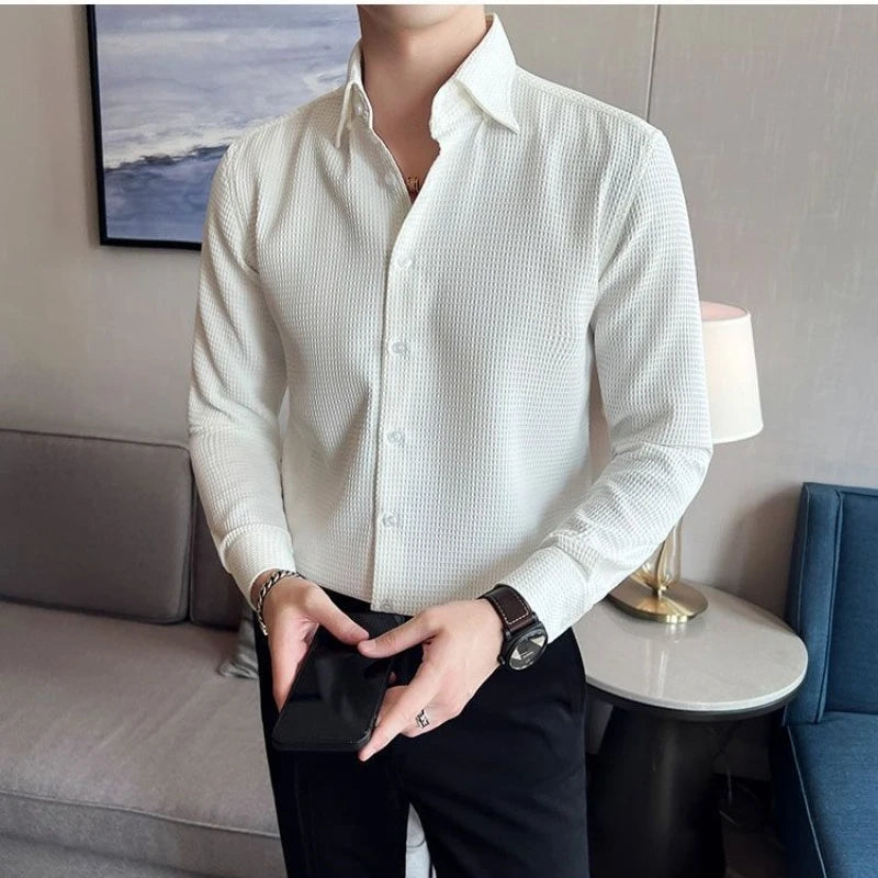 Waffle Spring Autumn Men's Shirt Casual and Slim Long Sleeve Solid Polo Neck Shirt Non Iron Wrinkle Resistant Business Tops