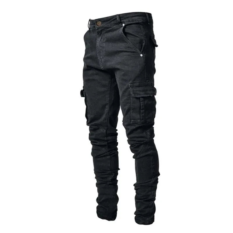 Men Casual Denim Pants Elastic Skinny Jeans Multi-Pocket Trousers Slim Fit Black Jeans Soild Cargo Pants Man Clothes Streetwear