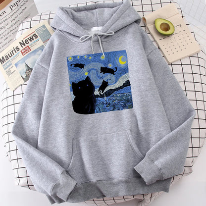 The Starry Cat Night Printing Hoodies Men Autumn Oversize Hoodie Fashion Fleece Sweatshirts Casual S-Xxl Pullover Tops