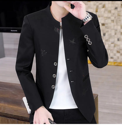 Men's Printed Small Suit Male Korean Version of The Self-cultivation Stand-up Collar Chinese Tunic Casual Suit Thin Jacket Youth