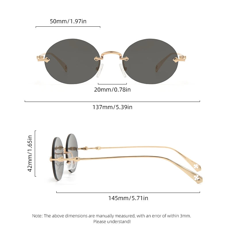 New frameless edged sunglasses, fashionable and simple oval metal frame, versatile for street photography.