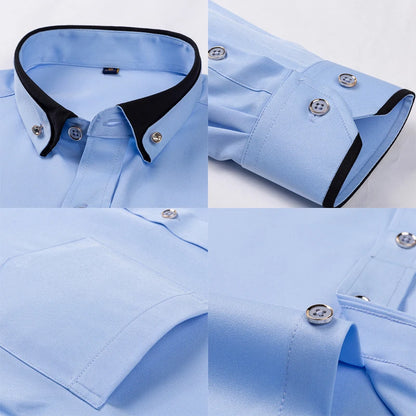 New Fashion Spring Elastic Non-iron Long-sleeved Shirt Men's Youth Crystal Button Patchwork Collar Not Cotton Business Shirt Men