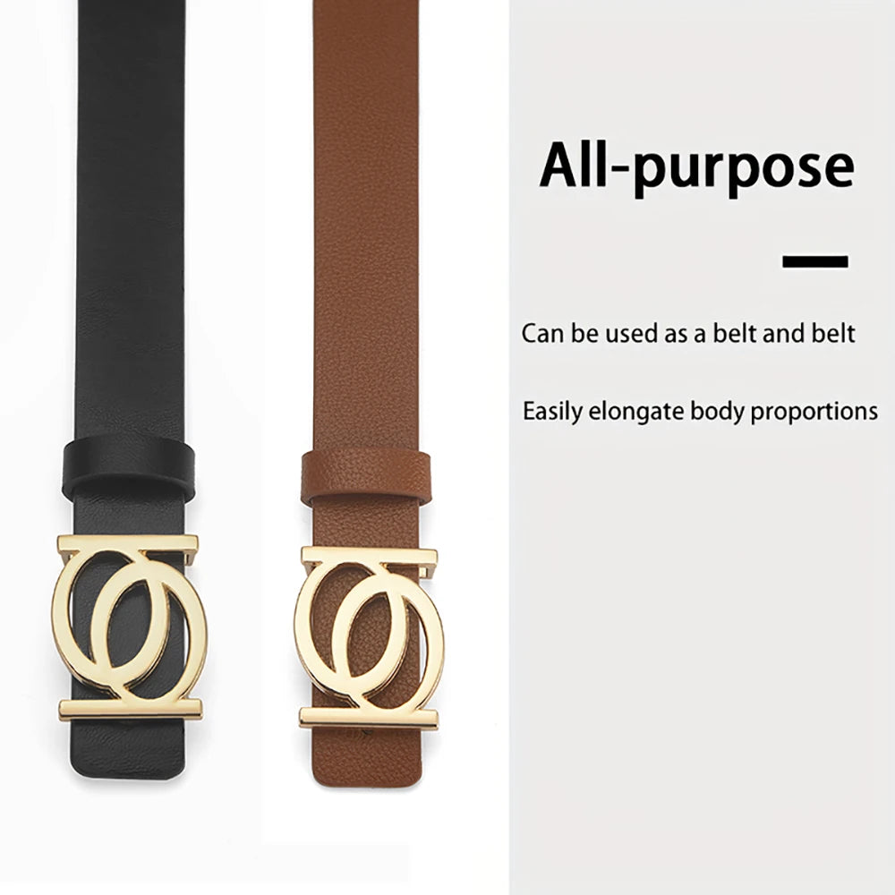 New Women's Belt Fashion Golden Buckle Belt Leisure Personalized Double Round Button PU Leather Belt Paired with Jeans Lady Belt