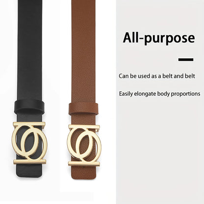 New Women's Belt Fashion Golden Buckle Belt Leisure Personalized Double Round Button PU Leather Belt Paired with Jeans Lady Belt