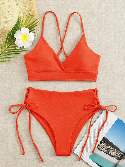 Cikini-V-Neck Split Bikini Set for Women, Sexy Swimsuit, Lace Up, Triangular Bikinis, Solid Color, Beach Swimwear, Bathing Suit