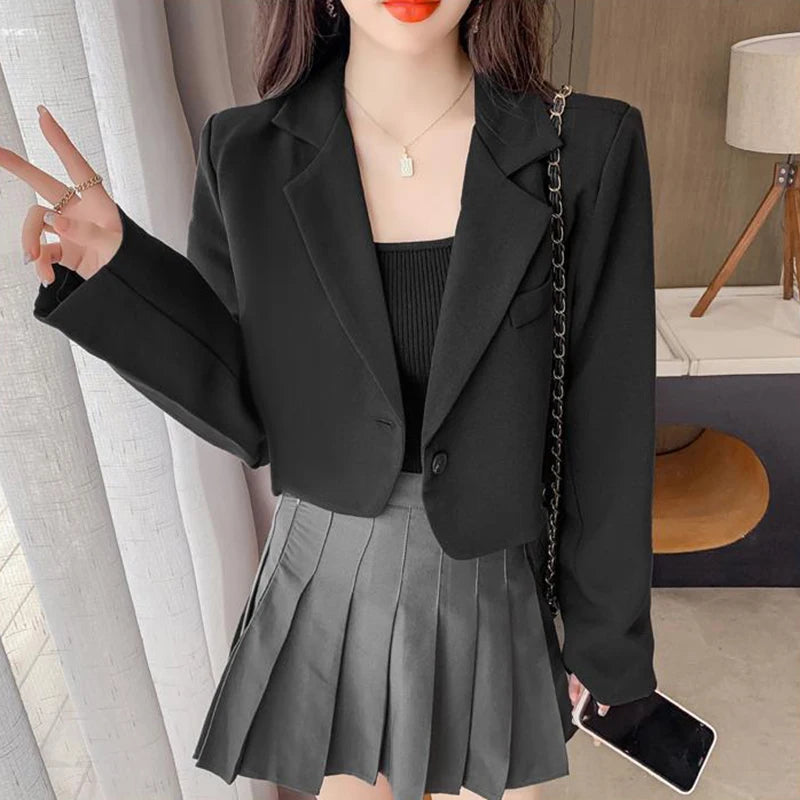 Cropped Blazers for Women 2025 New Korean Fashion Long Sleeve Button Up Suit Jacket Woman Elegant All Match Office Blazer Female