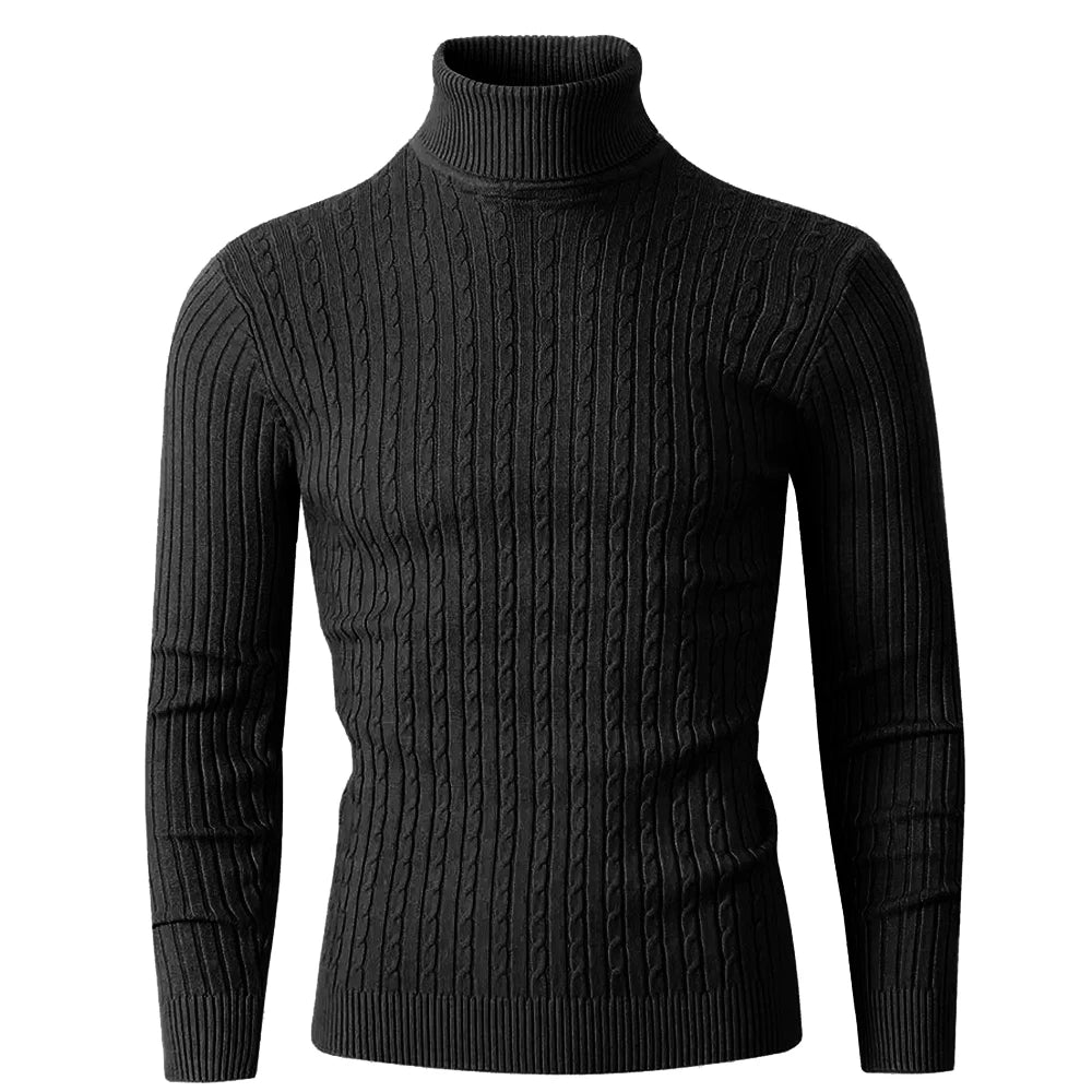 Winter Men's Turtleneck Knitted Sweater Casual Slim Fit Tops Warm Fitness Pullovers Black Oversized Sweater with Twist Patterned