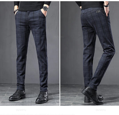 2024 New Spring Autumn England Plaid Work Stretch Pants Men Business Fashion Slim Grey Blue Casual Pant Male Brand Trousers 38