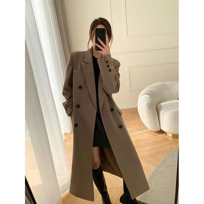 Long Trench Coat Women Office Lady Elegant Double Breasted Blazer Jacket Streetwear Overcoats Korean Harajuku Casual Windbreaker