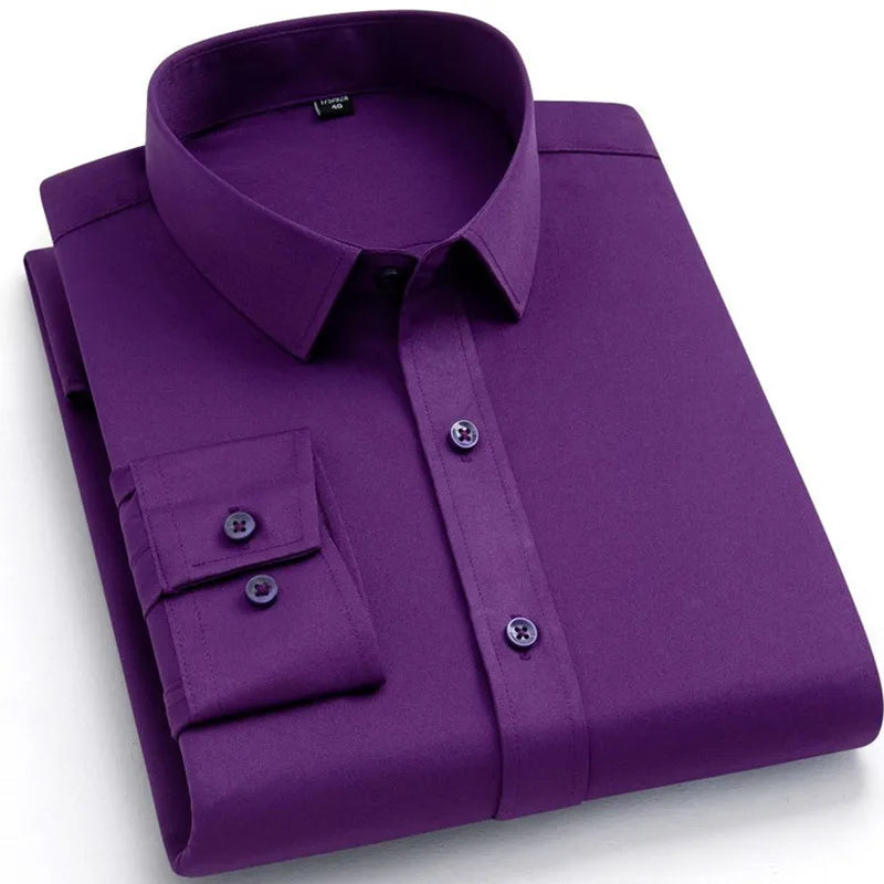 BAMBOOPLE Non-iron Office Shirts for Men Latest Anti-wrinkle Soft Business Without Pocket Smart Causal Purple Slim Fit AEchoice