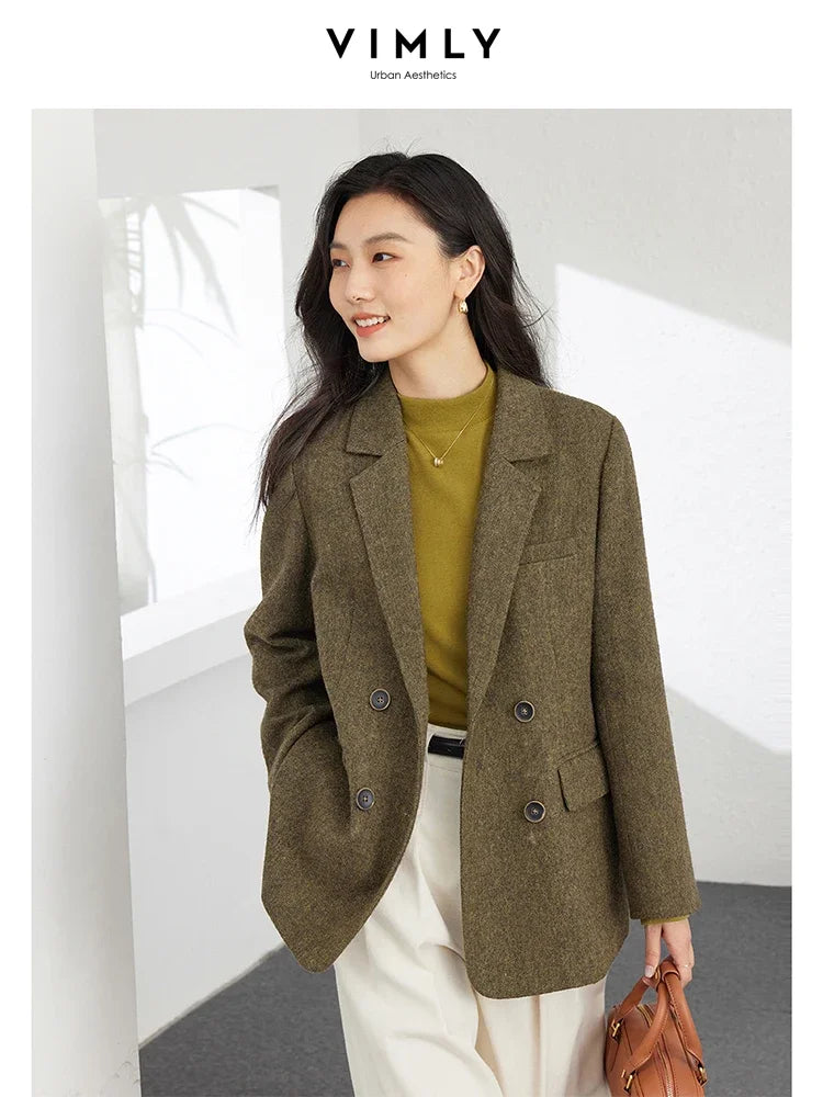 VIMLY Women's Simple Wool Blend Blazer Autumn Winter Lapel Collar Woolen Coat Suit Jacket Office Lady New Casual Outerwear