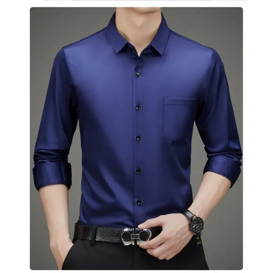 100% Mulberry Silk Shirt Men High Quality Long Sleeve Pocket High-end Business Casual Elastic Anti-wrinkle Non-iron Mens Shirts