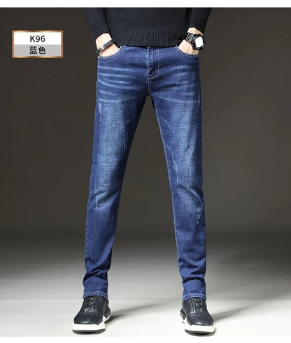 2023 Spring and Autumn New Classic Fashion Solid Color Elastic Small Foot Pants Men's Casual Slim Comfortable High-Quality Jeans