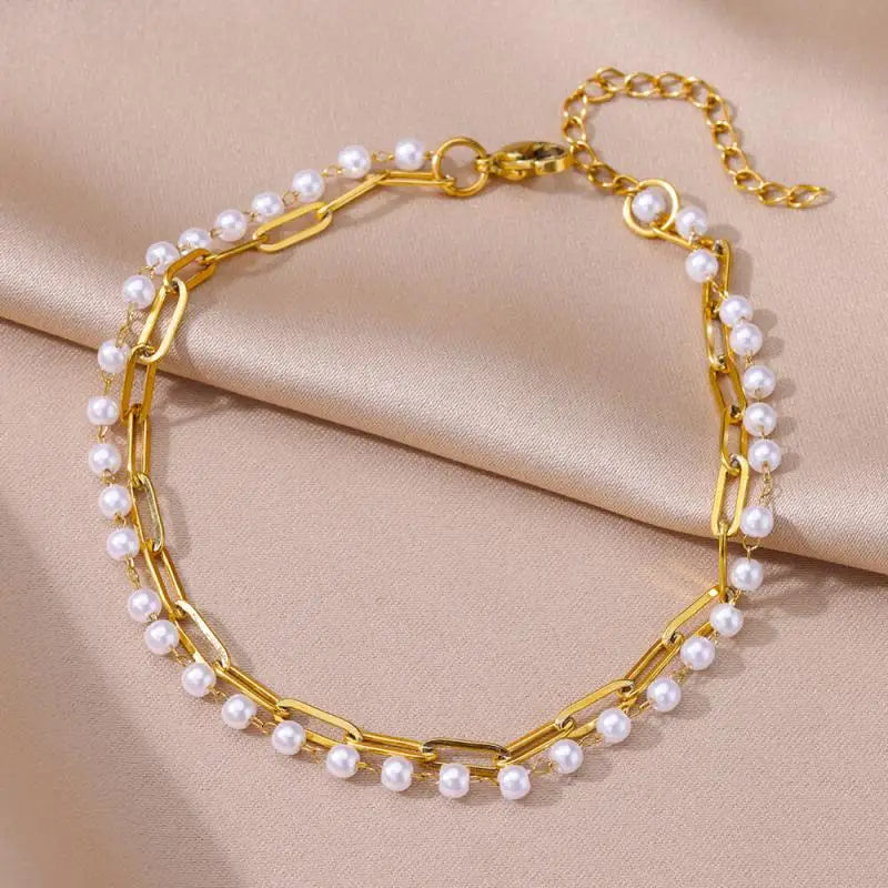 Anklets for Women Summer Beach Accessories Stainless Steel Imitation Pearl Chain Anklet Gold Color Leg Bracelets Bodychain Gifts