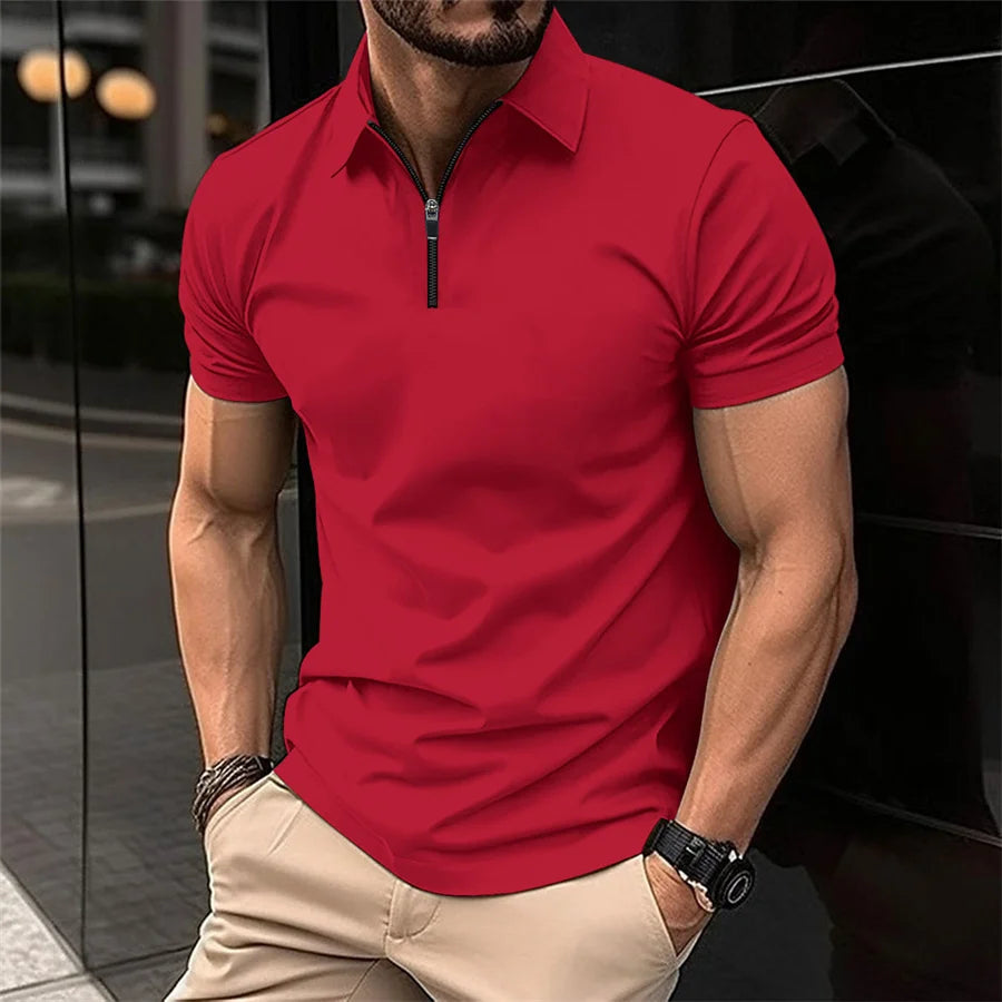 Summer Tiki Men's Business Casual Simple Solid Color Durable Office Small Zipper Lapel Short Sleeve Trend Men's POLO Shirt