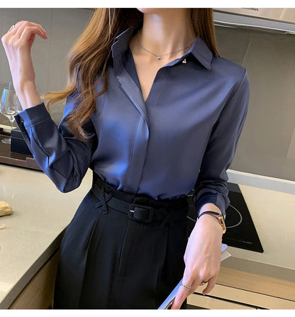 Satin Women Shirt Vintage Long Sleeve Blouse Women Silk Elegant Womens Tops Commuting Luxury White Shirt Autumn Female Clothing