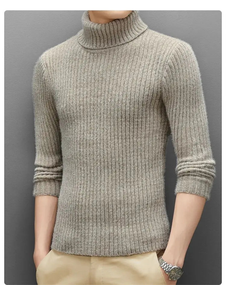 Trend Fashion Autumn Winter Sweaters Men Solid Turtleneck Mink Cashmere Thicken Smart Casual Long Sleeve Pullovers Knitted Tops