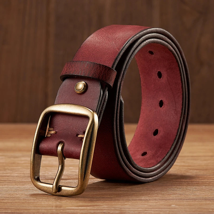 Thick Cowhide Copper Pin Buckle Real Genuine Leather Belt For Jeans Fashion Casual Belt Men Waistband Retro Luxury Male Strap