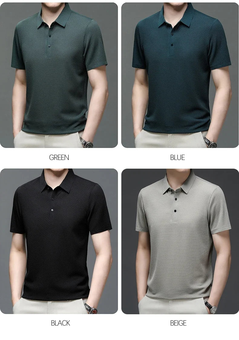 Motorcycle Summer Men Lop-up Hollow Short-sleeved Polo Tee Shirt Ice Silk Breathable Business Fashion T-Shirt Male Brand Clothes