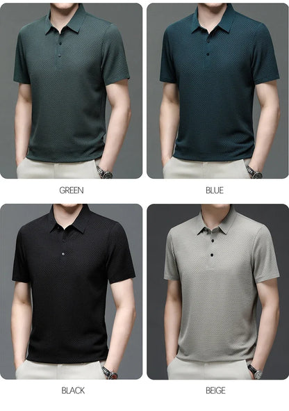 Motorcycle Summer Men Lop-up Hollow Short-sleeved Polo Tee Shirt Ice Silk Breathable Business Fashion T-Shirt Male Brand Clothes