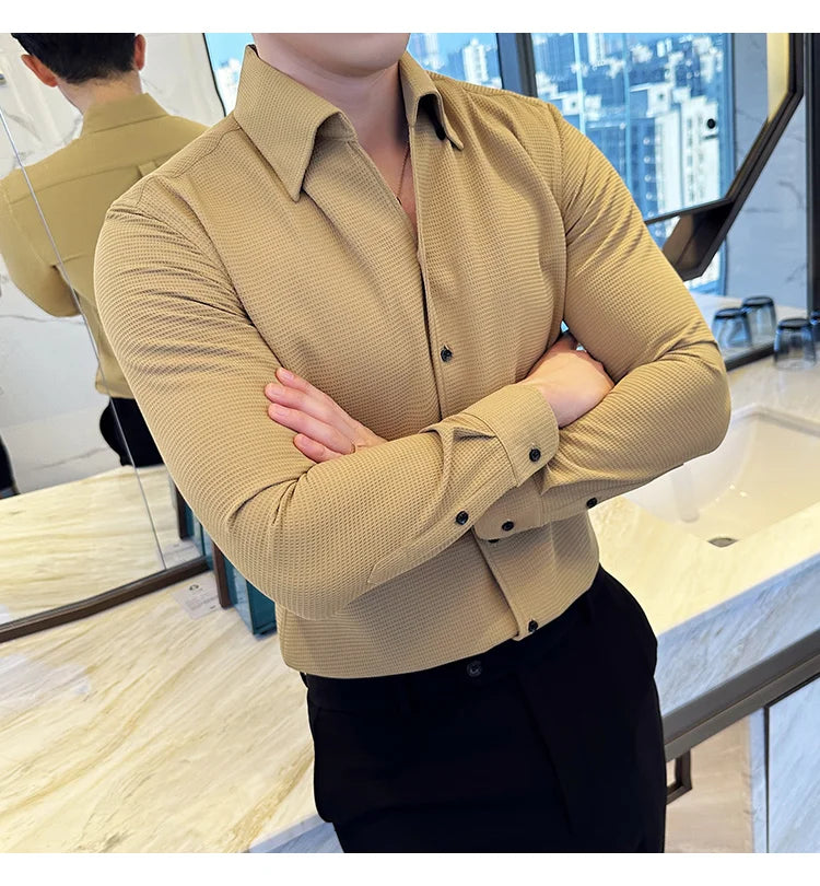 Autumn Solid Color Waffle Shirt Men Slim Fit V Neck Long Sleeve Casual Business Formal Dress Shirts Social Party Streetwear 4XL