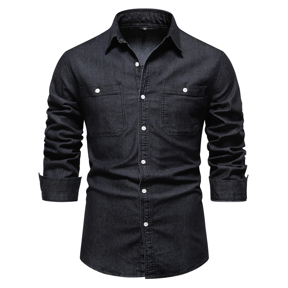 2023 New Autumn Men's Denim Shirt Cotton Elastic Casual Social Design Double Pockets Slim Jeans Shirts for Men