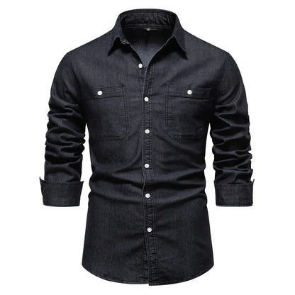 2023 New Autumn Men's Denim Shirt Cotton Elastic Casual Social Design Double Pockets Slim Jeans Shirts for Men