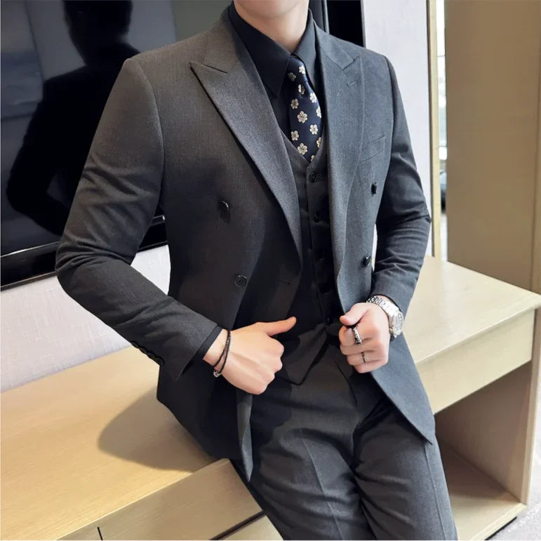 British Style Double Breasted Design Men's Suit Formal Business Slim Fit Casual Suits Sets Men Wedding Party Tuxedo 3 Pieces Set