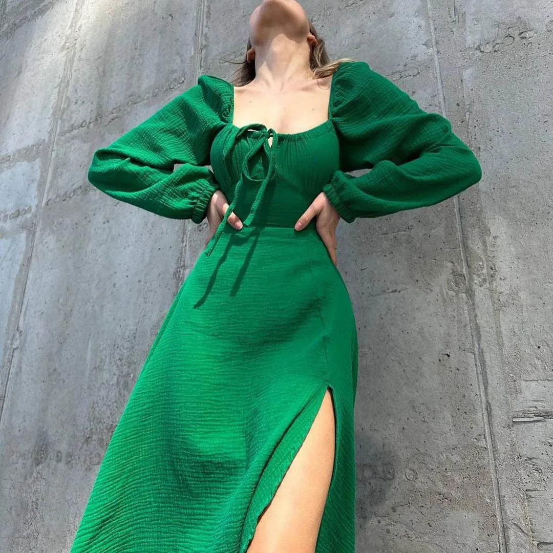 Lace-up Square Collar Sexy Dress Women Autumn Lantern Sleeve Solid Cotton Slit Robe Femme Fashion Streetwear Ladies Midi Dresses