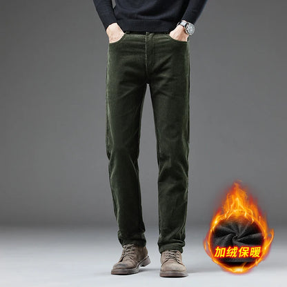 HIQOR Men's Corduroy Man Pants Winter Thick Warm Business Straight Casual Trousers Fashion Korean Fleece Green Baggy Pants Male