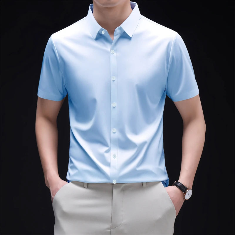 New Men's Business Casual Short Sleeved Solid Color Shirt Wrinkle Resistant Wrinkle Free Comfortable All Season Versatile Top