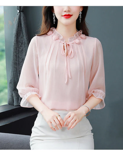 M-4XL Spring Summer Women Tops 2025 New Fashion Chiffon Blouse Petal Collar Half Sleeve Bow tie Loose Casual Shirt