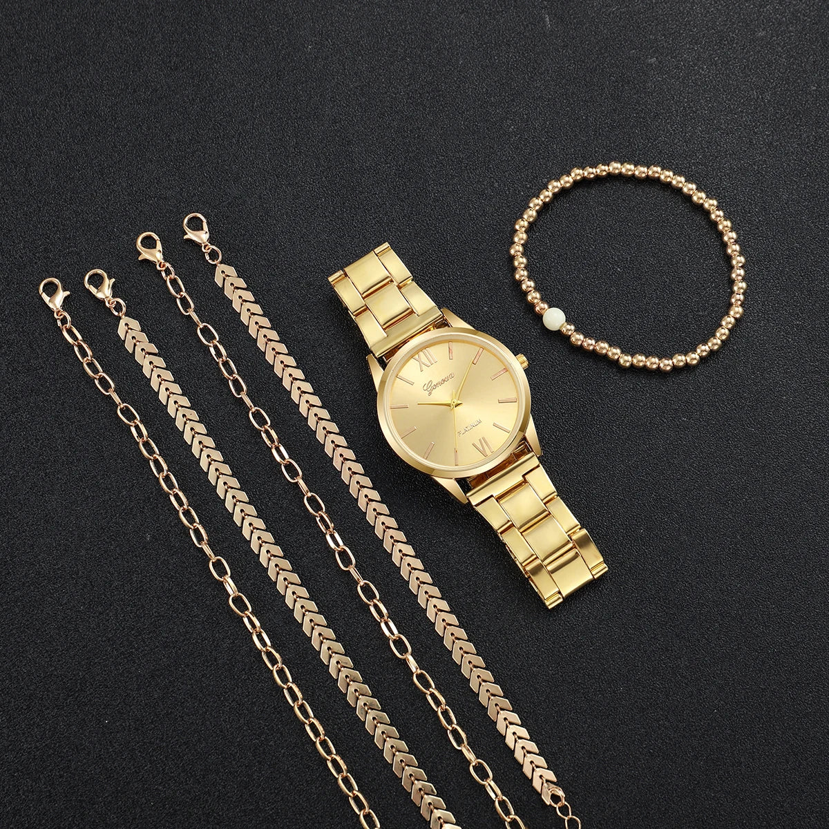 6PCS Women's Watch Fashion Gold Steel Band Quartz Watches Bracelets Set（Without Box）