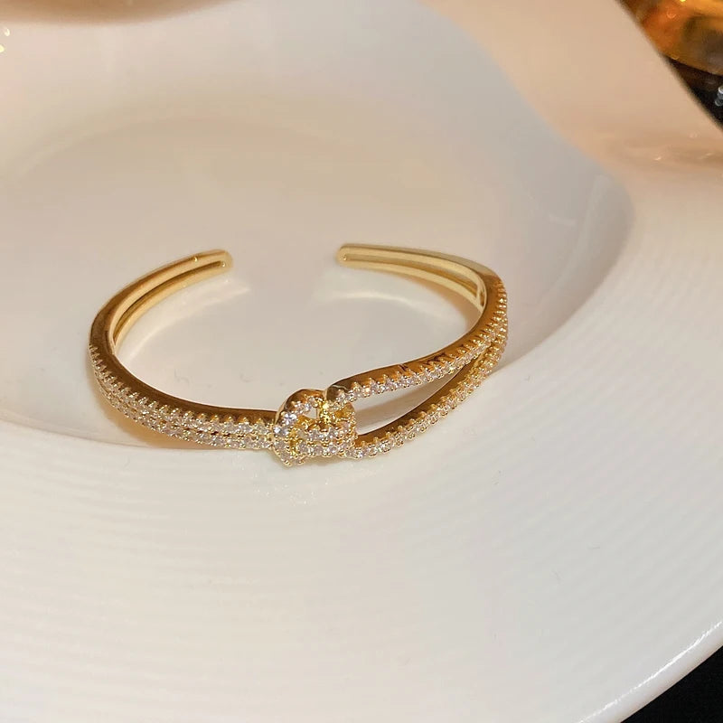 Exquisite Full Zircon Cuff Bracelets Gold Plating Copper Knot Opening Bracelet Minimalist Women's Bangle For Wedding Party