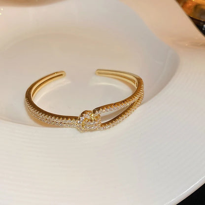 Exquisite Full Zircon Cuff Bracelets Gold Plating Copper Knot Opening Bracelet Minimalist Women's Bangle For Wedding Party