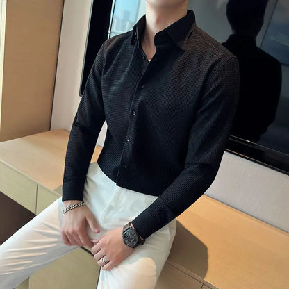 Waffle Spring Autumn Men's Shirt Casual and Slim Long Sleeve Solid Polo Neck Shirt Non Iron Wrinkle Resistant Business Tops